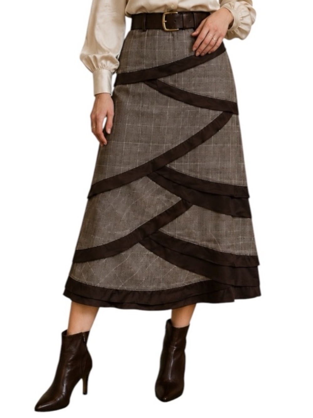 Neesh Plaid Midi Skirt | Brown Satin Ribbon Trim | Dark Academia Cottagecore